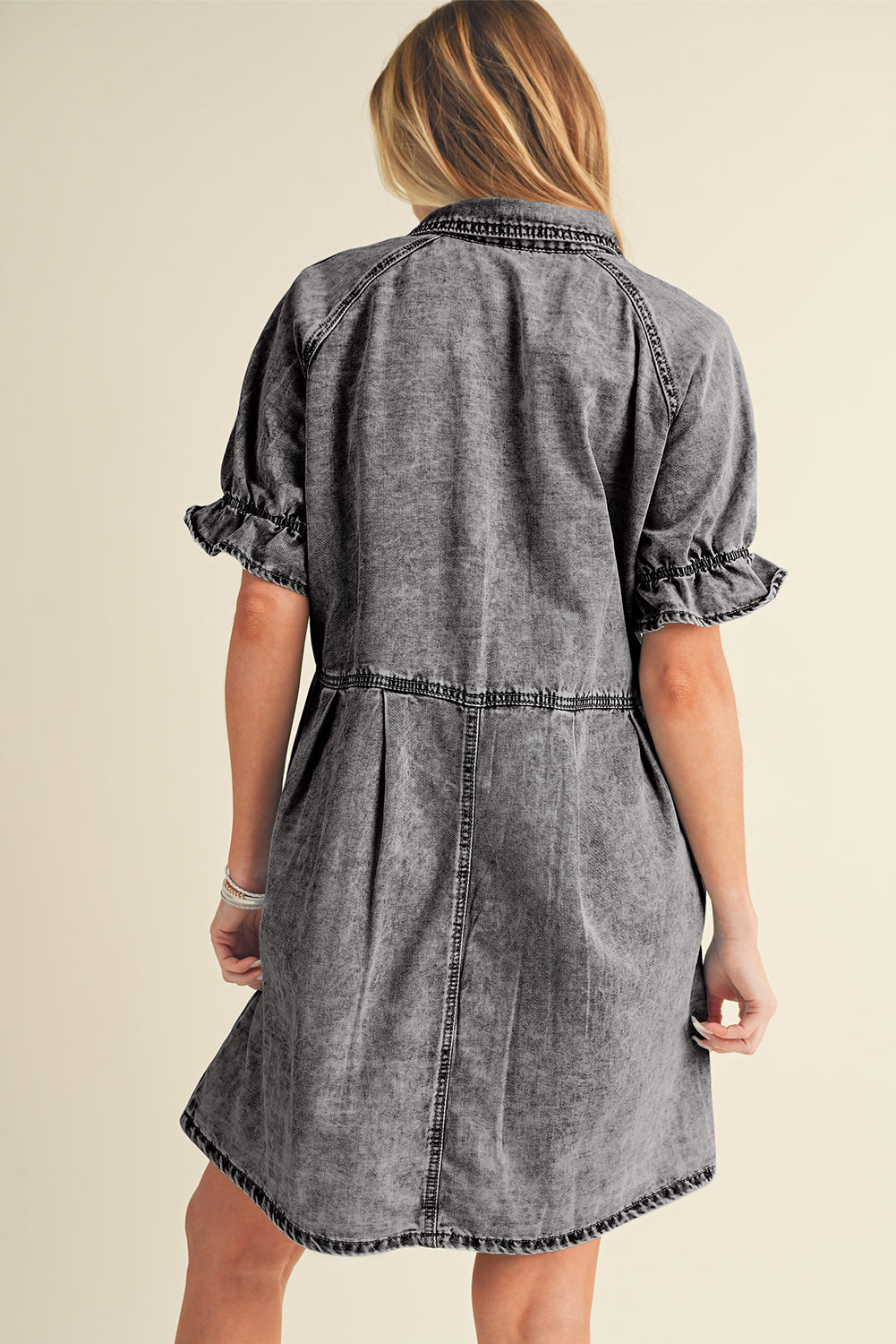 Medium Grey Mineral Washed Ruffled Short Sleeve Pocketed Denim Dress