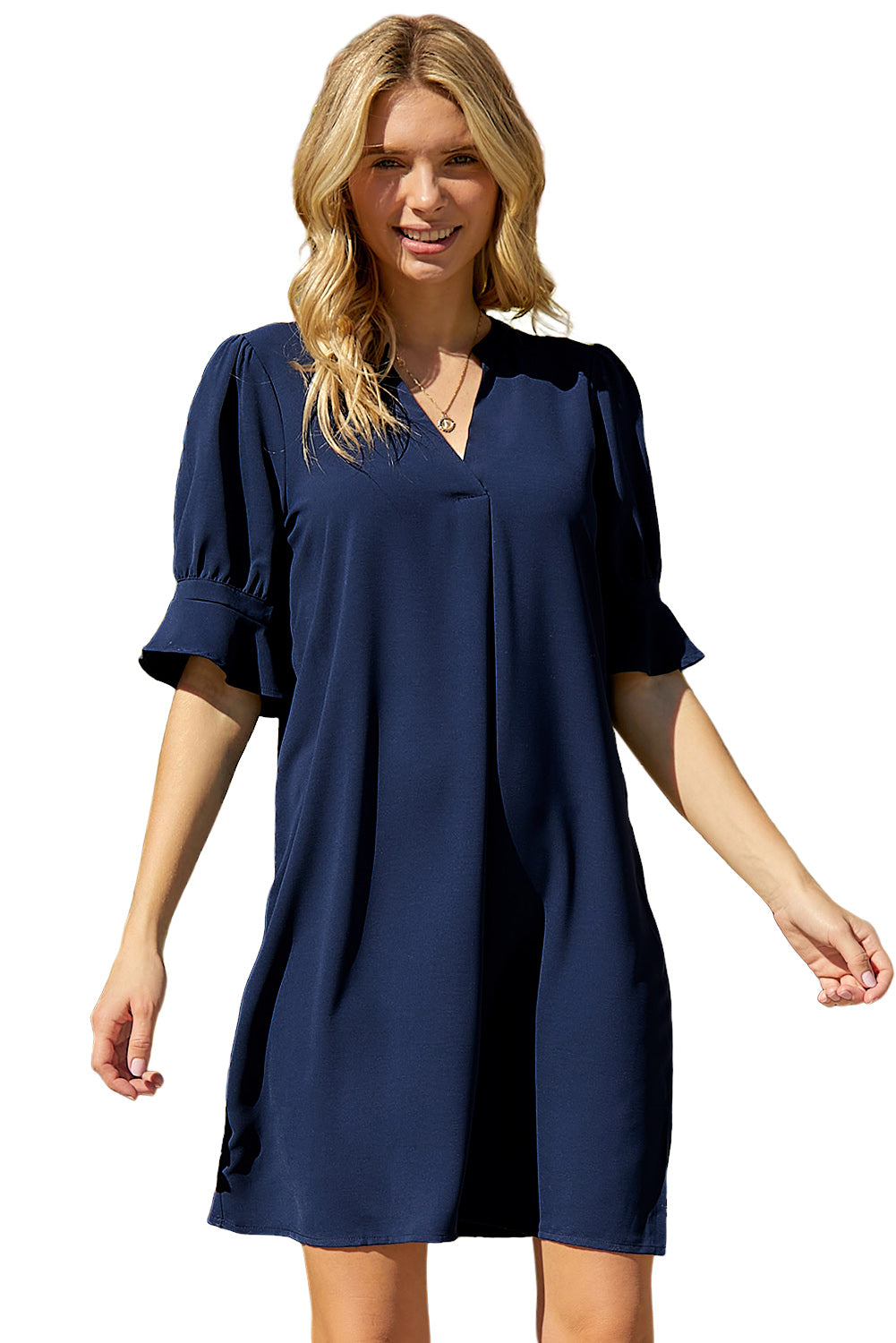 Black Split V Neck Short Sleeve Casual Tunic Dress