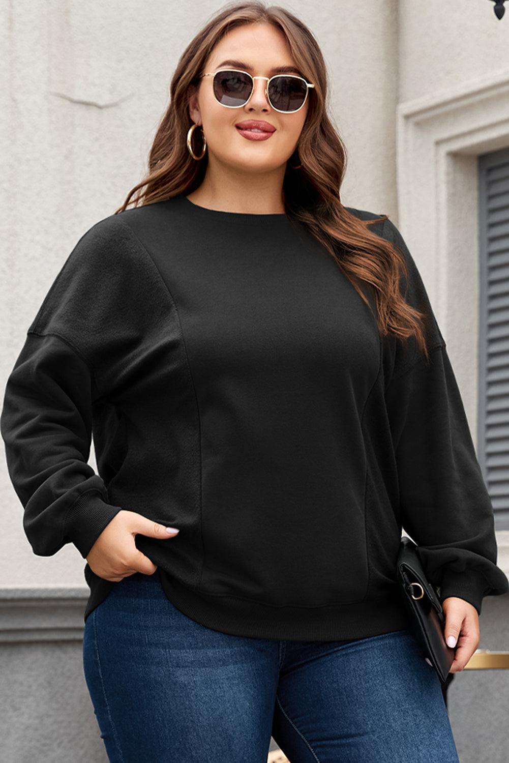 Blackish Green Loose Patchwork Crewneck Plus Size Sweatshirt