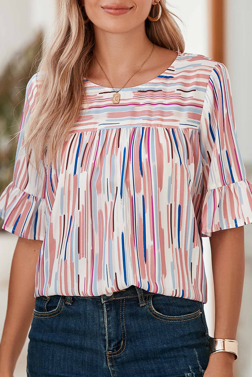 White Colorblock Striped Ruffle Half Sleeve Blouse