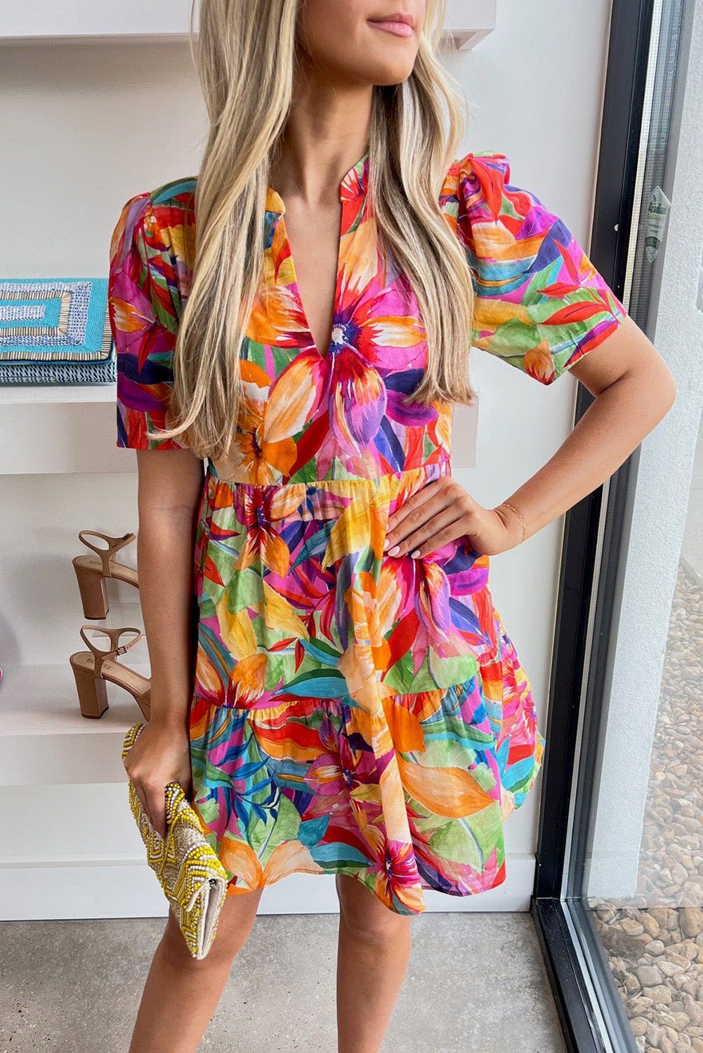 Multicolor Floral Print V Neck Short Sleeve Flared Dress