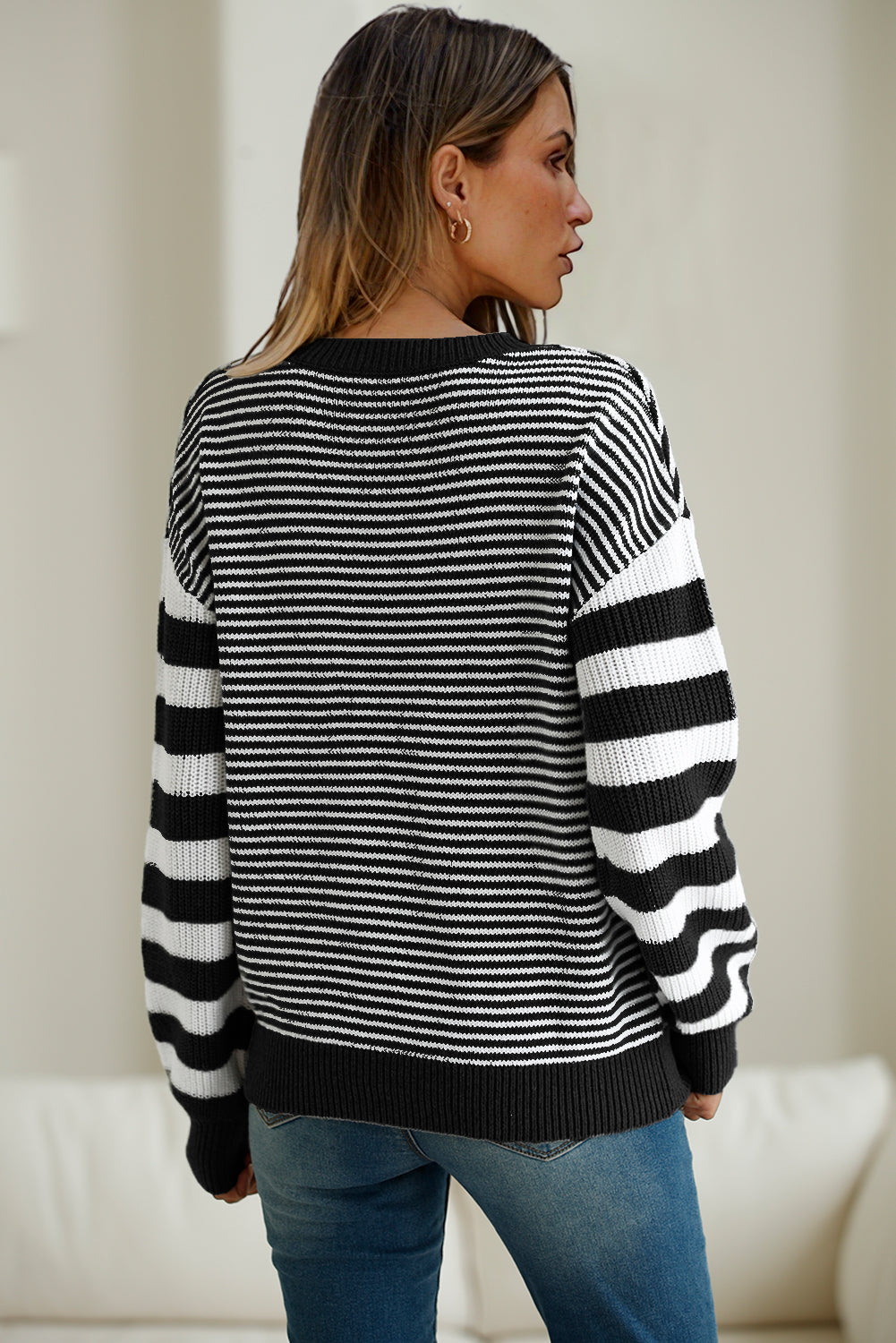 Gray Stripe Twisted Knitted Drop Shoulder Sweater