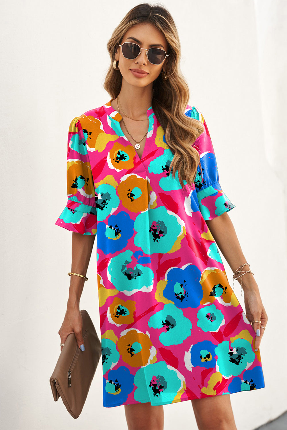 Multicolor Floral Print Mandarin Collar Short Sleeve Tunic Dress