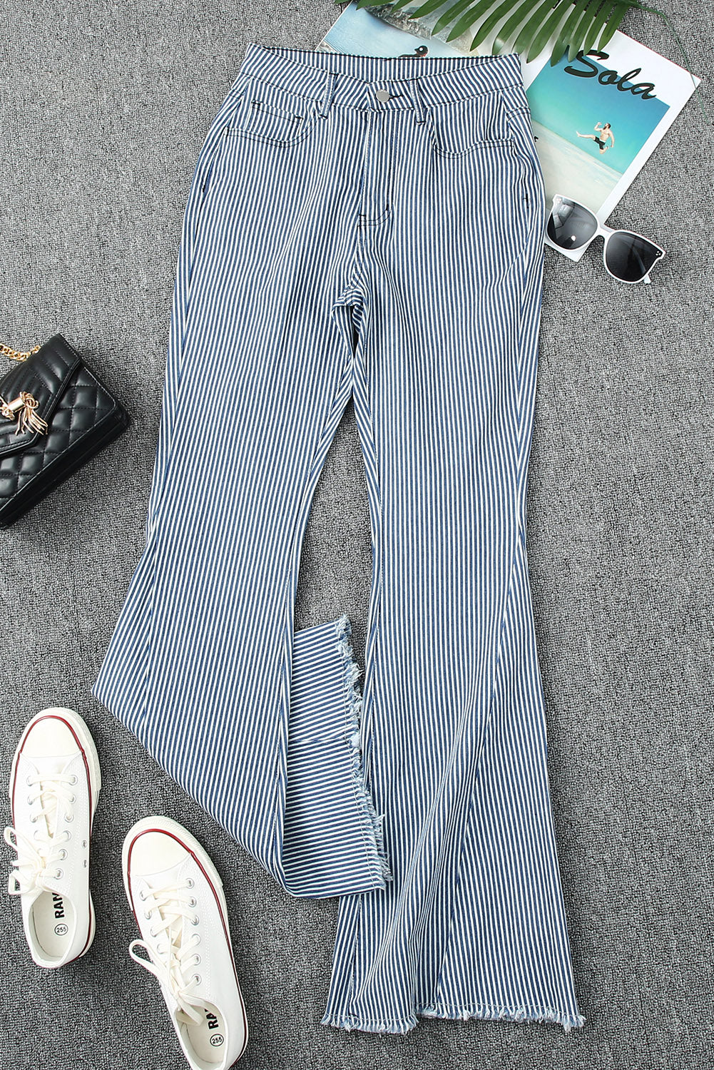 Light Blue Stripe Casual Mid Waist Bell Pants