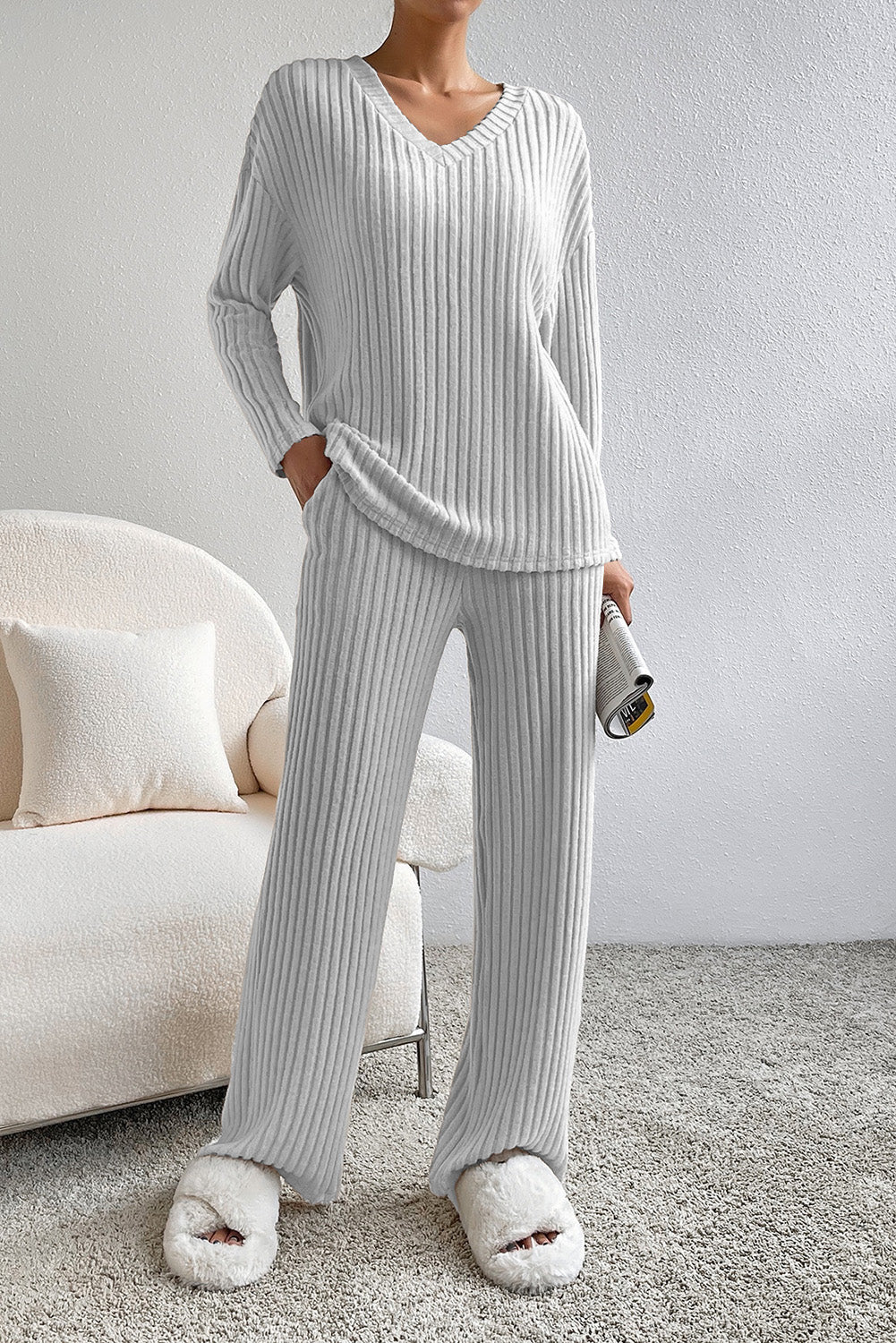 Black Slouchy Ribbed Knit V Neck Top & Pants Loungewear Set