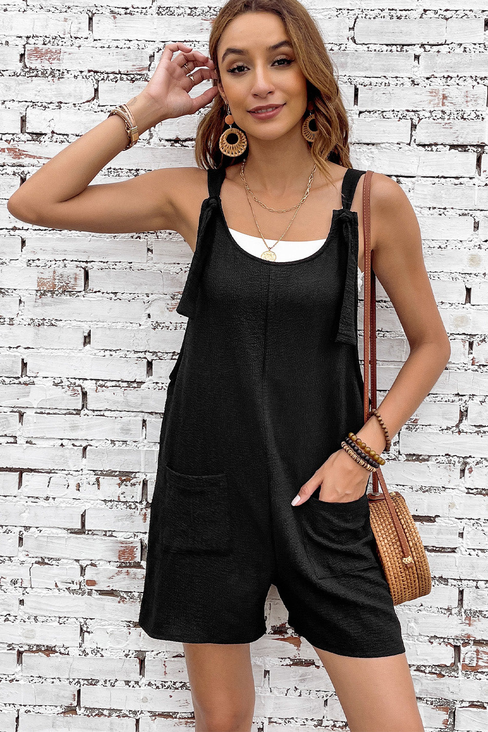 Black Shoulder Strap Pocket Textured Romper