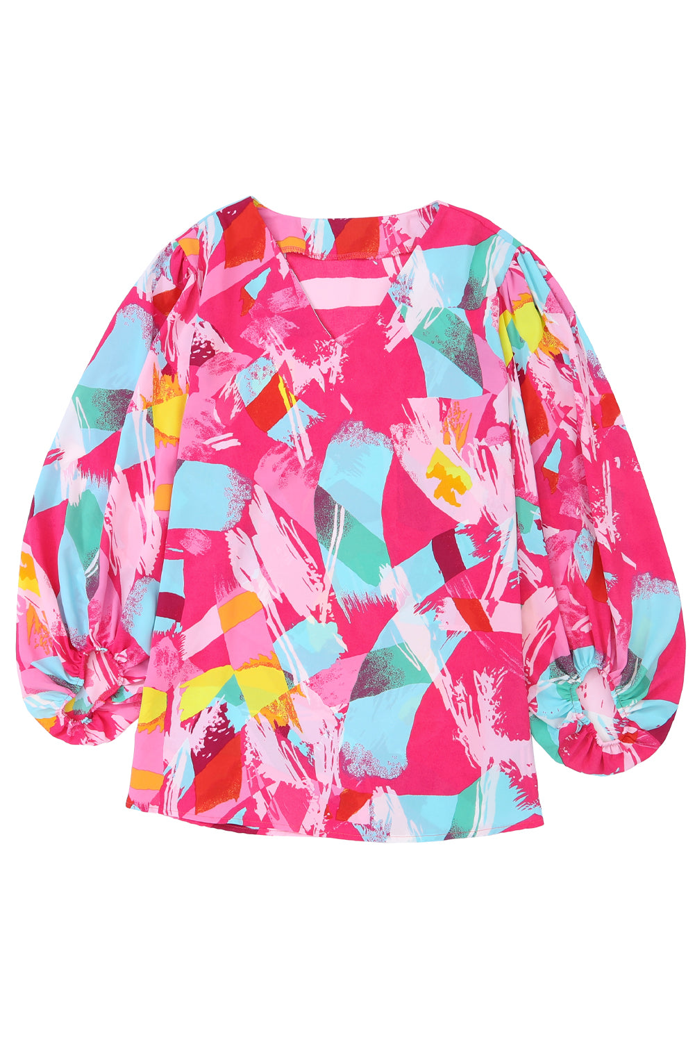 Pink Plus Size Graffiti Print Split Neck Puff Sleeve Blouse