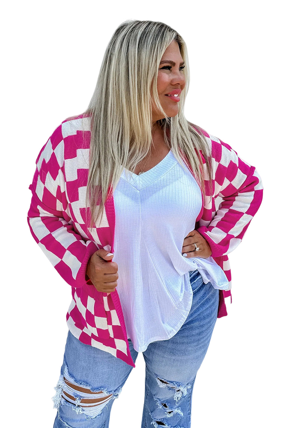 Bonbon Checkered Pattern Open Front Plus Size Cardigan