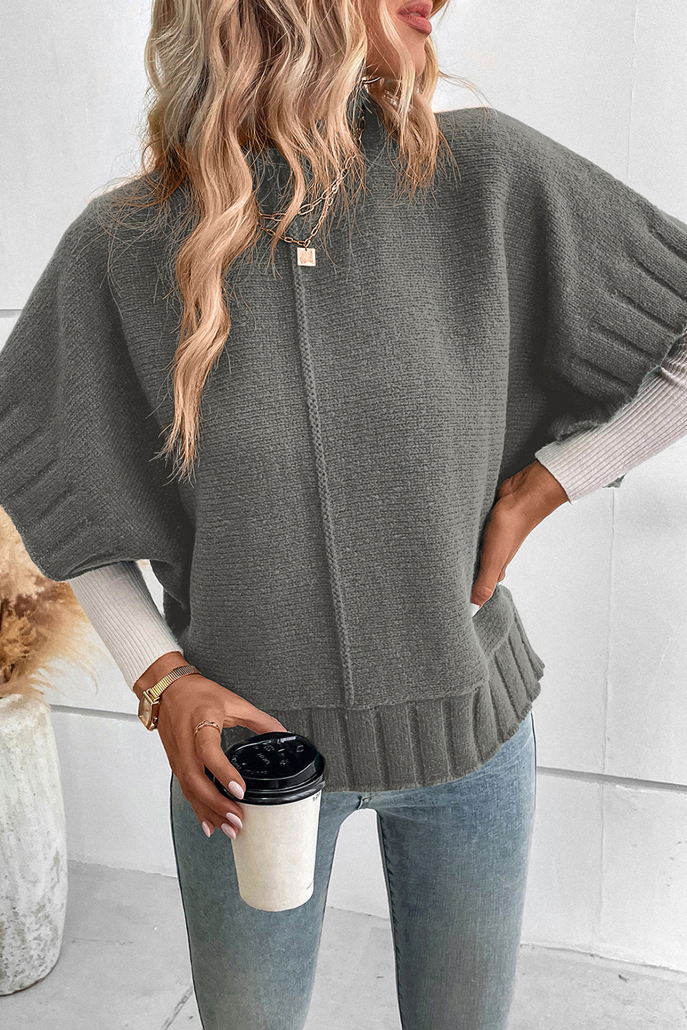 Medium Grey Mock Neck Batwing Sleeve Knit Sweater