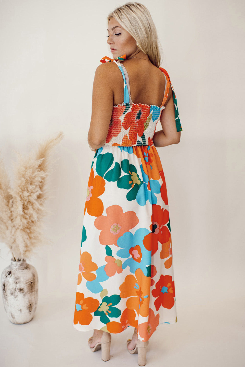 Orange Floral Printed Shoulder Tie Smocked Maxi Dress