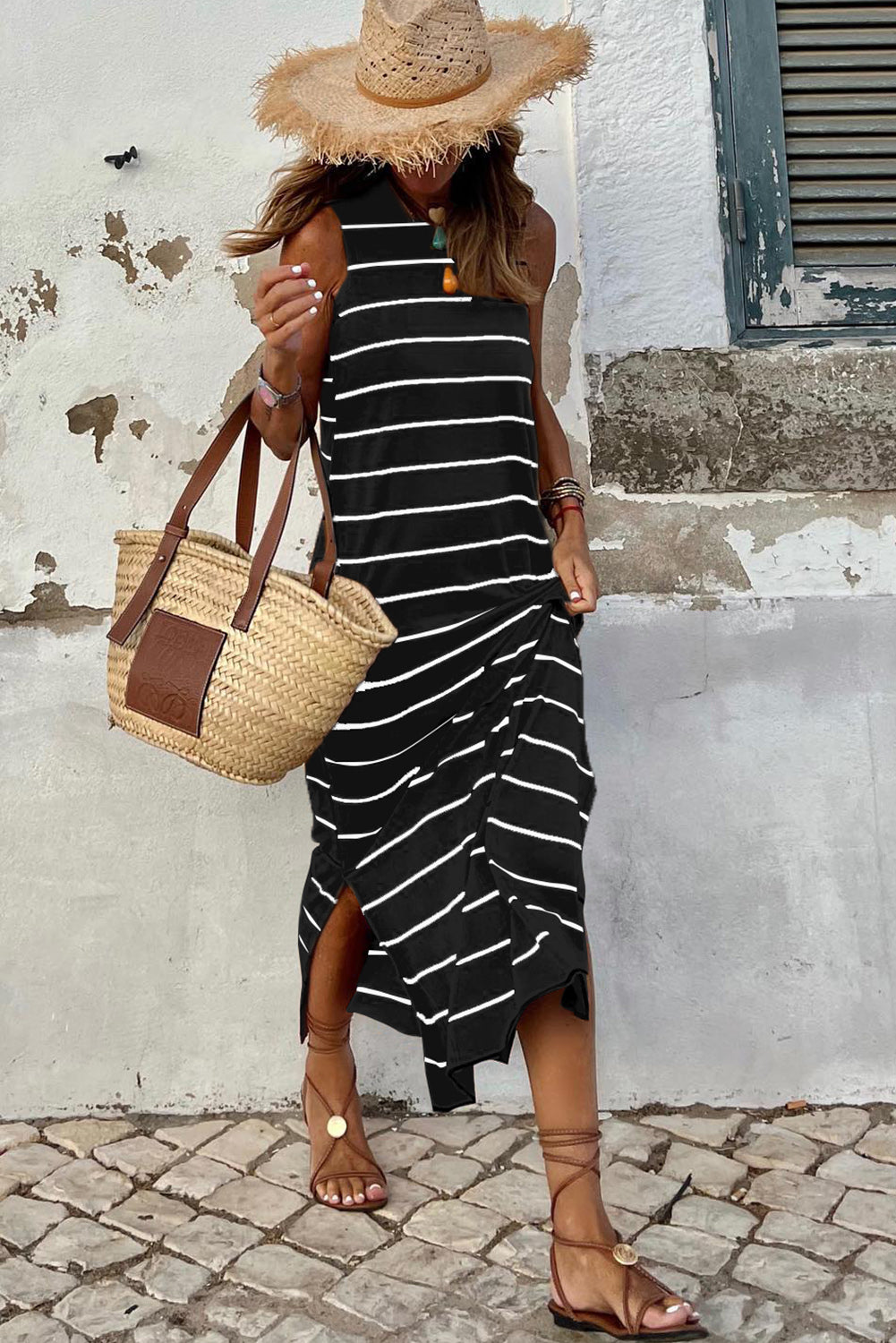 Khaki Striped Backless Casual Side Slits Maxi Dress