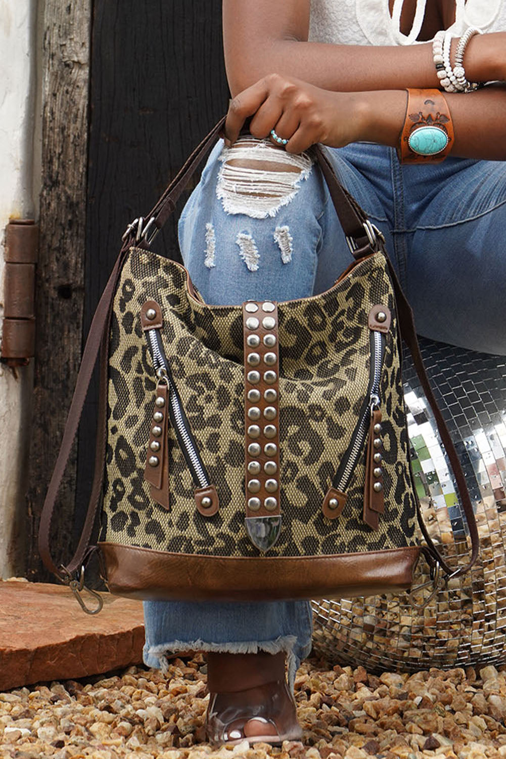 Brown Leopard Stud Western Shoulder Bag