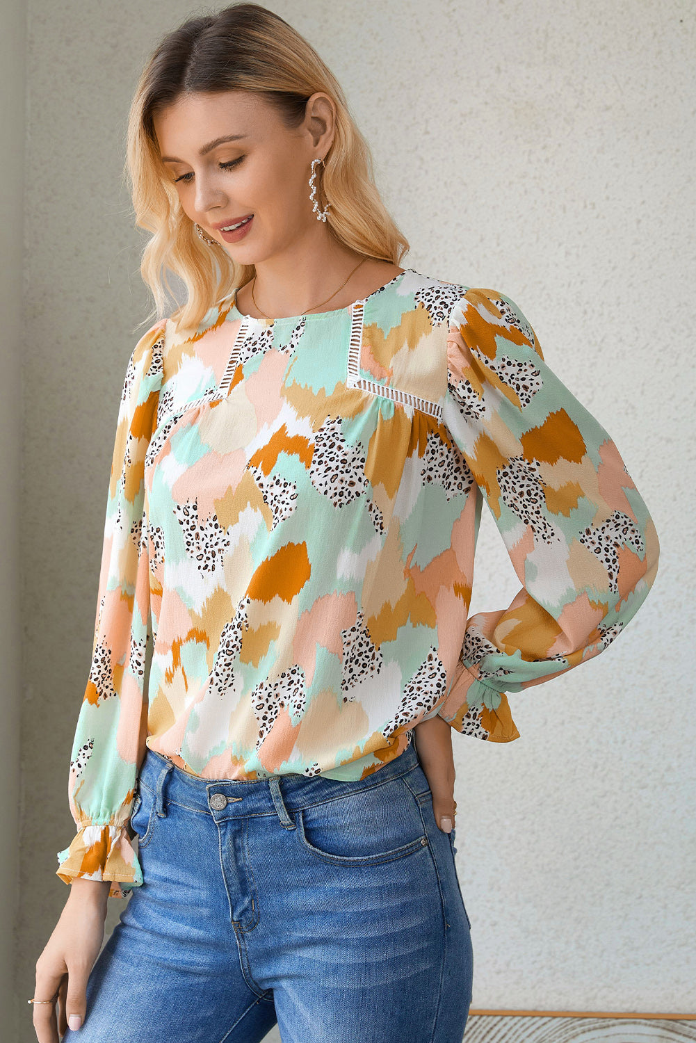 Multicolor Abstract Bohemian Puff Sleeve Blouse