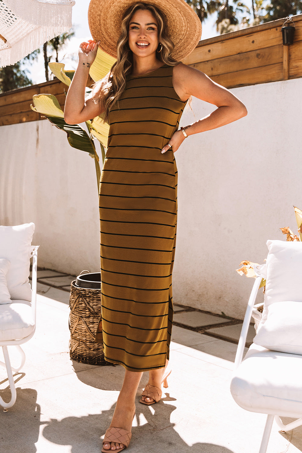 Khaki Striped Backless Casual Side Slits Maxi Dress