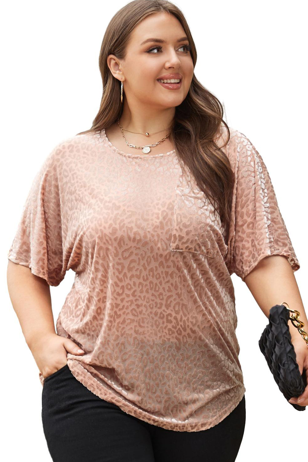 Khaki Leopard Print Plus Size Half Sleeve T Shirt