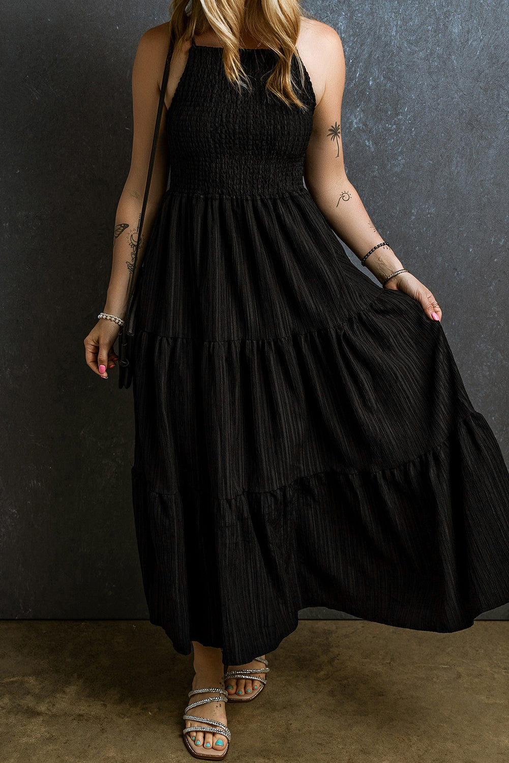 Black Smocked Pleated Sleeveless Flared Maxi Dress