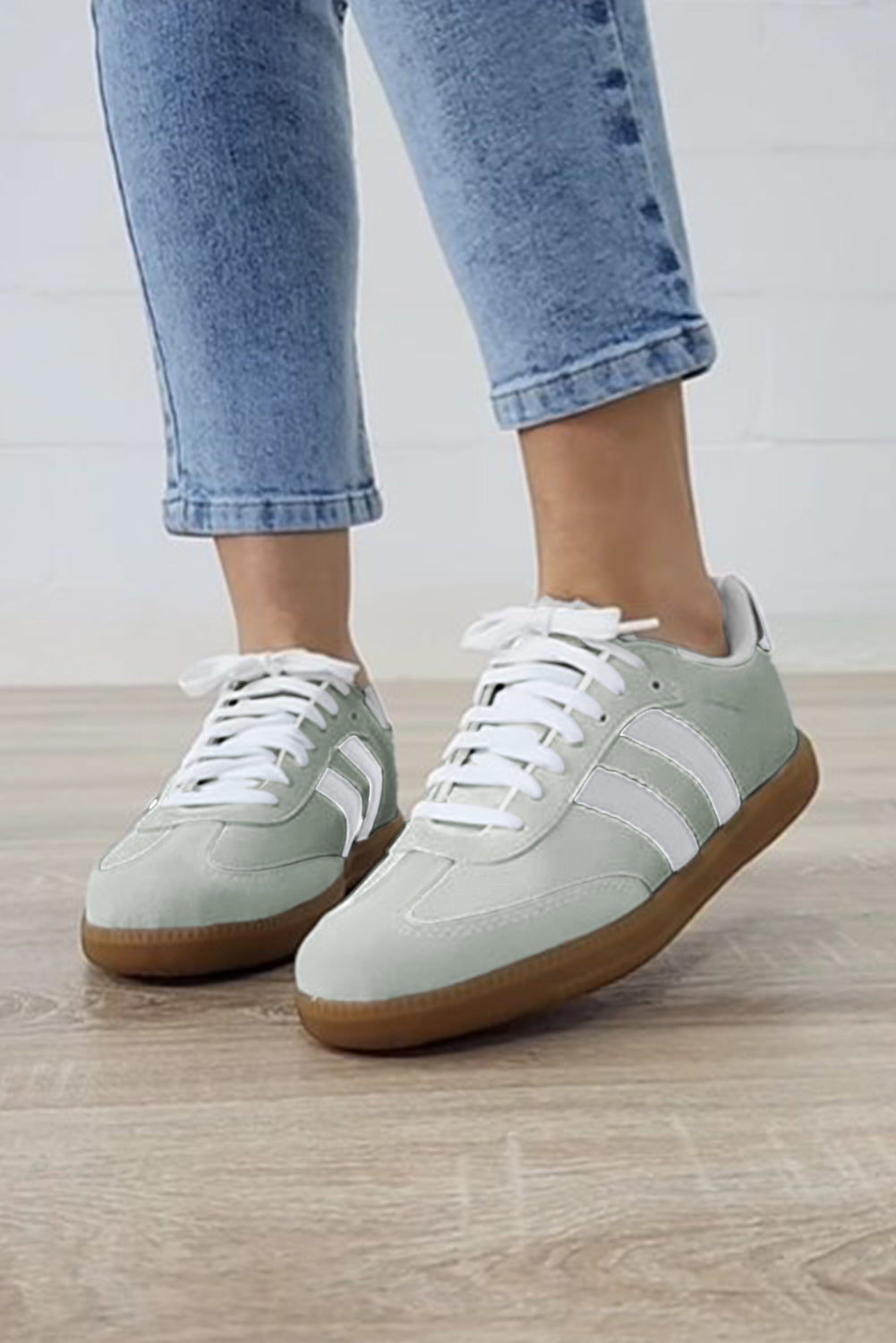 White Striped Lace Up Flat Sneakers