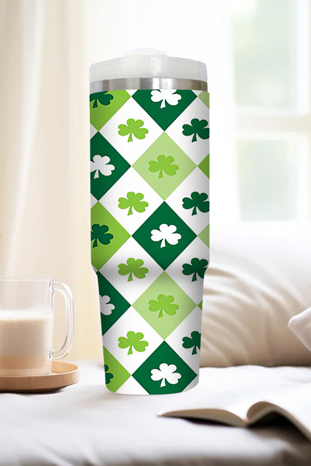 Green St Patricks Day Checkered Clover Tumbler Cup