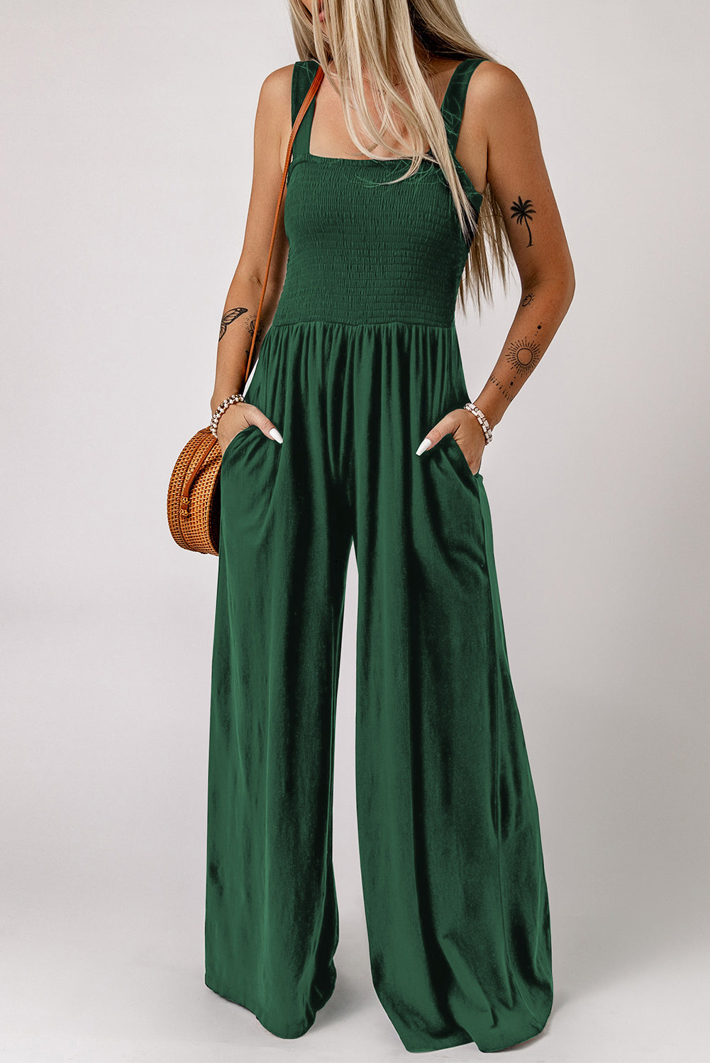 Green Casual Smocked Pocketed Wide Leg Jumpsuit