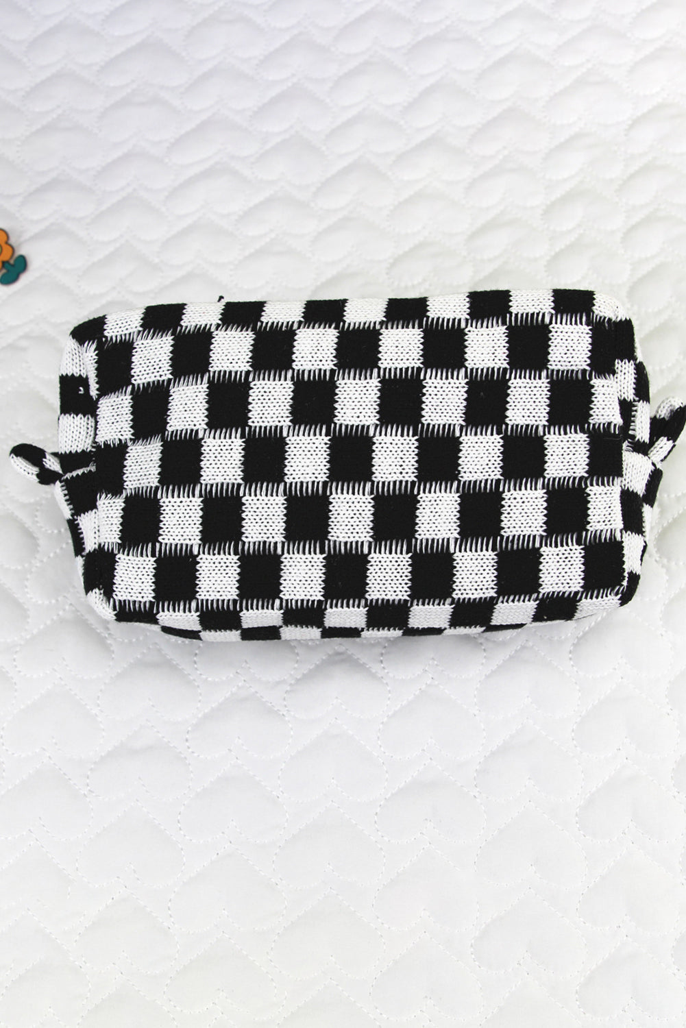 Light French Beige Checkered Knitted Zipper Makeup Bag