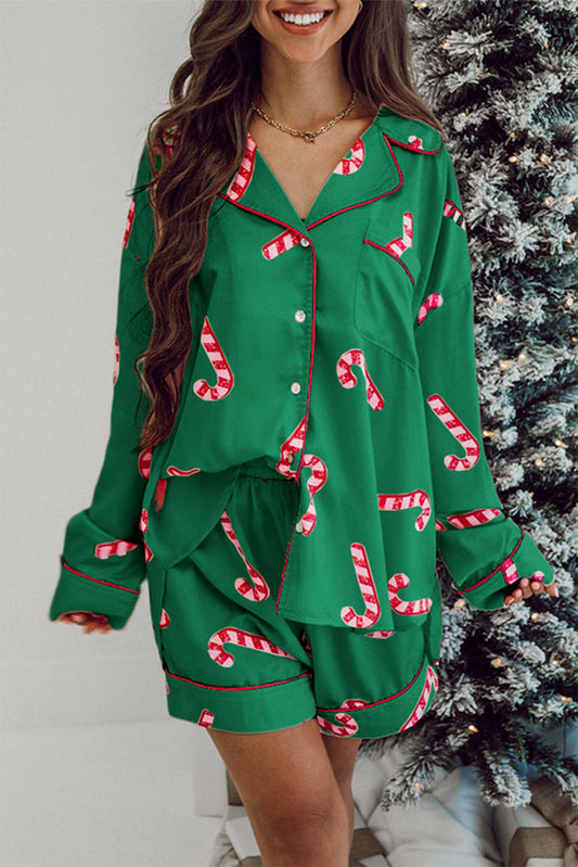 Green Candy Cane Print Christmas Pajama Set