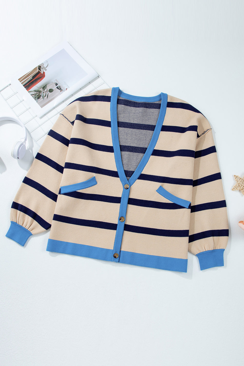 White Stripe Colorblock Drop Shoulder Buttoned Loose Cardigan