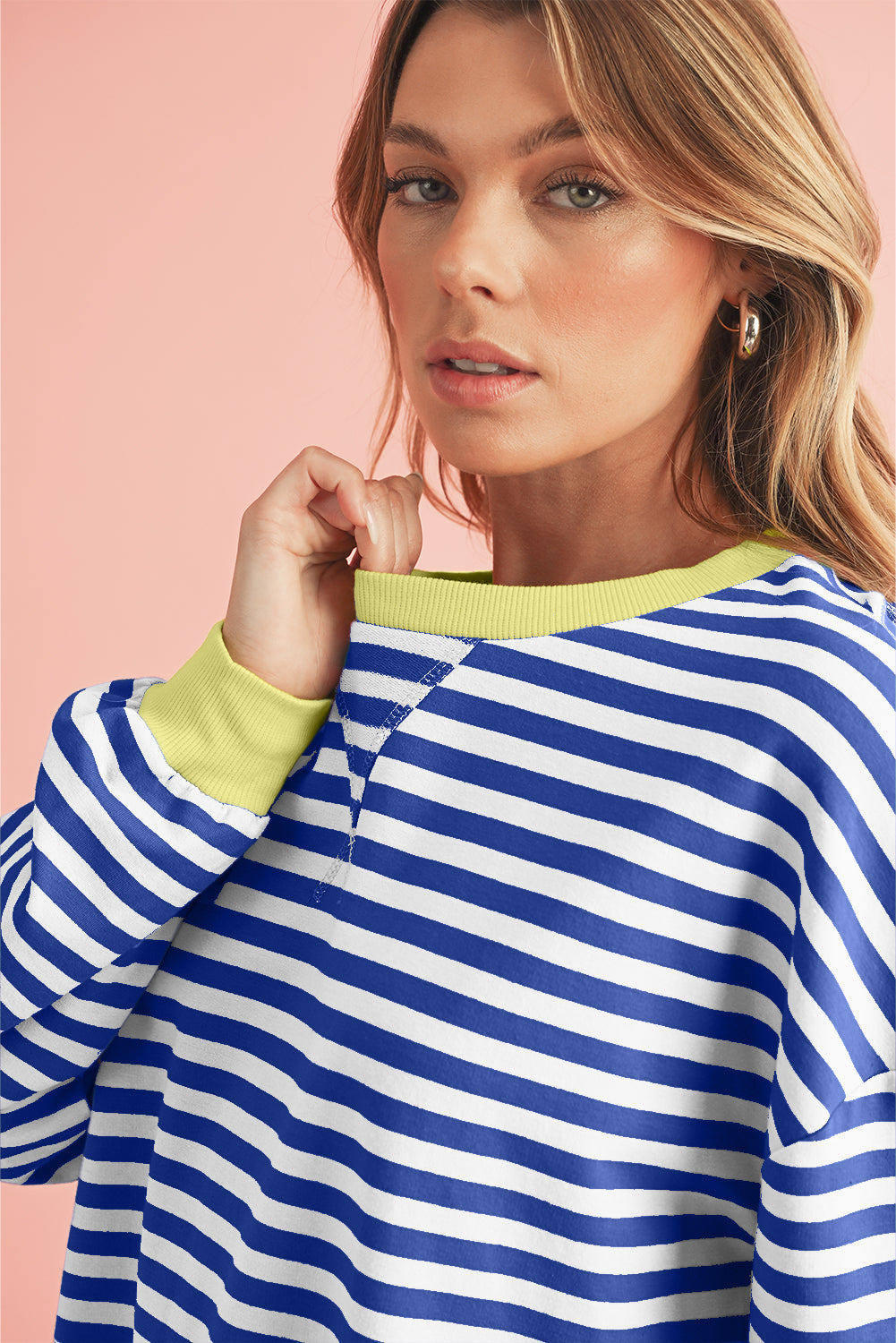 Sky Blue Stripe Contrast Edge Oversized Pullover