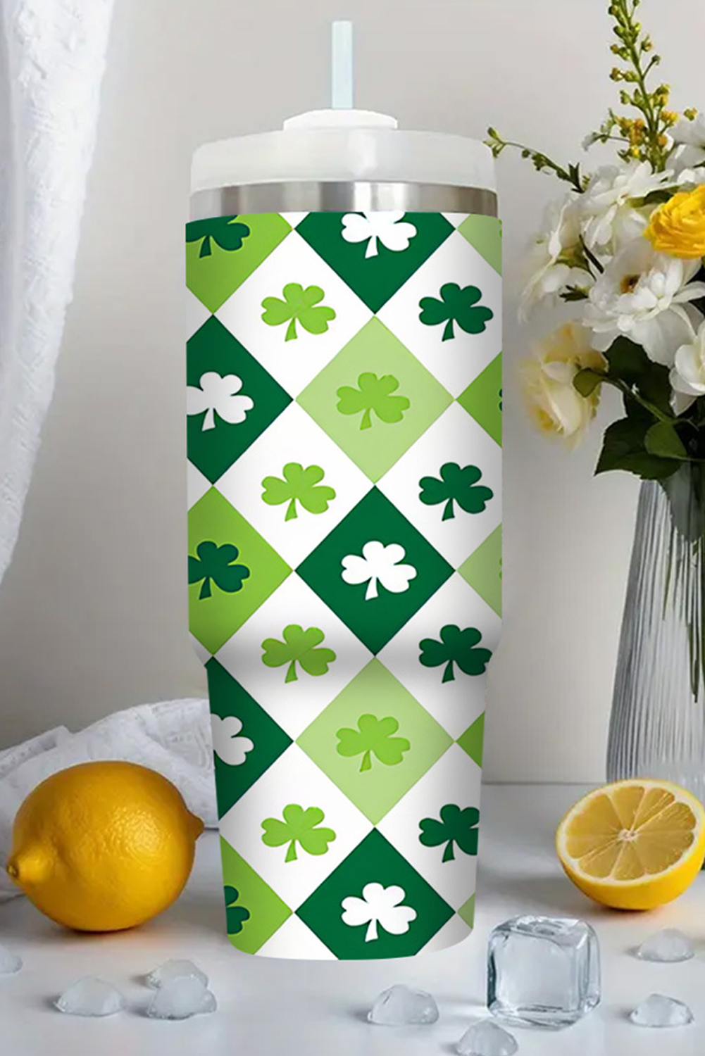 Green St Patricks Day Checkered Clover Tumbler Cup