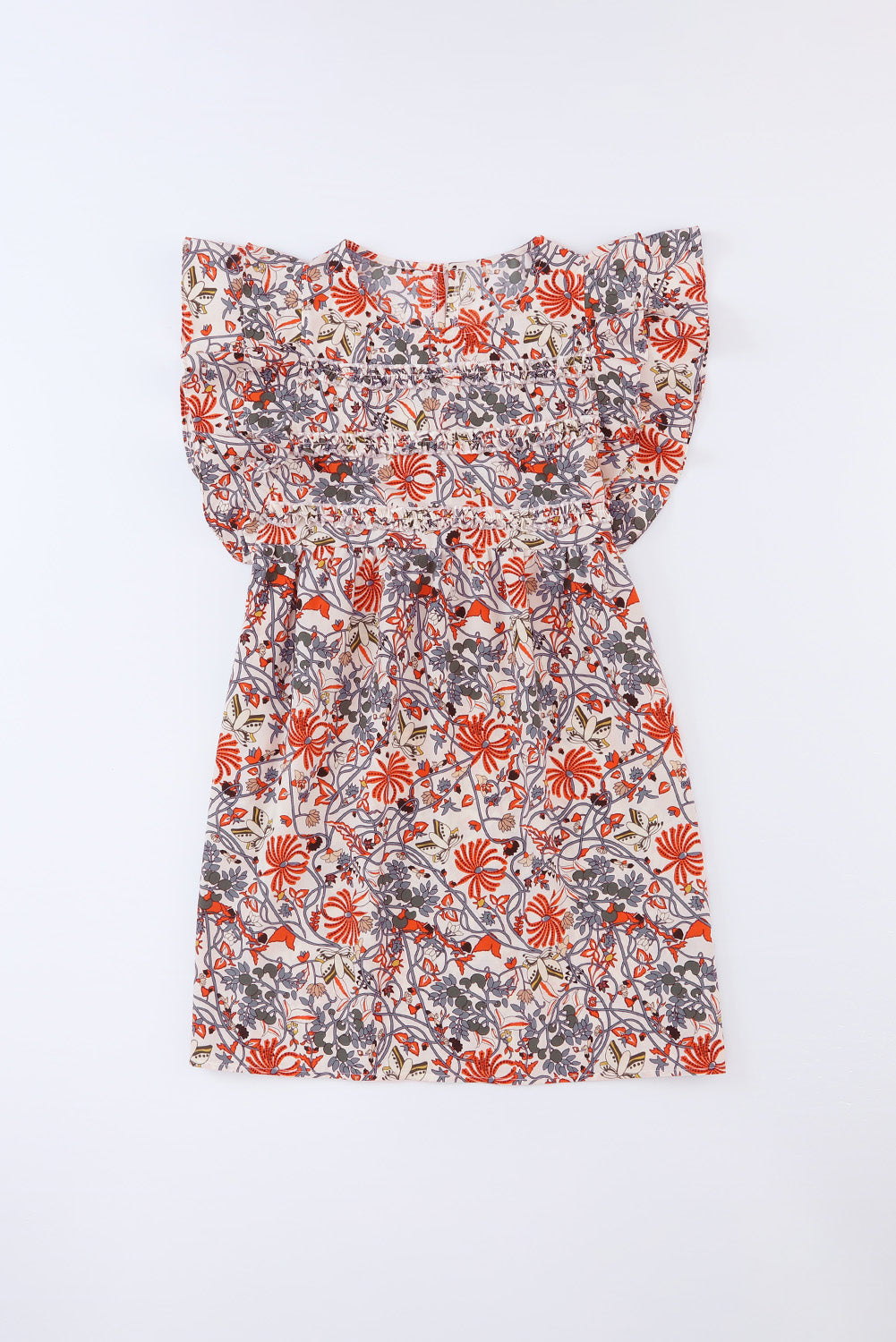 White Round Neck Ruffled Flutter Floral Short Dress