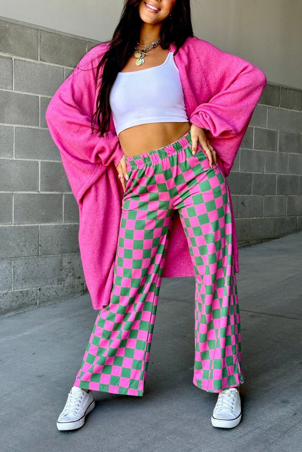 Green Checkered Print High Waist Wide Leg Pants