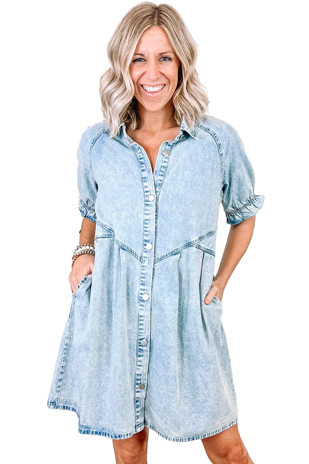 Medium Grey Mineral Washed Ruffled Short Sleeve Pocketed Denim Dress