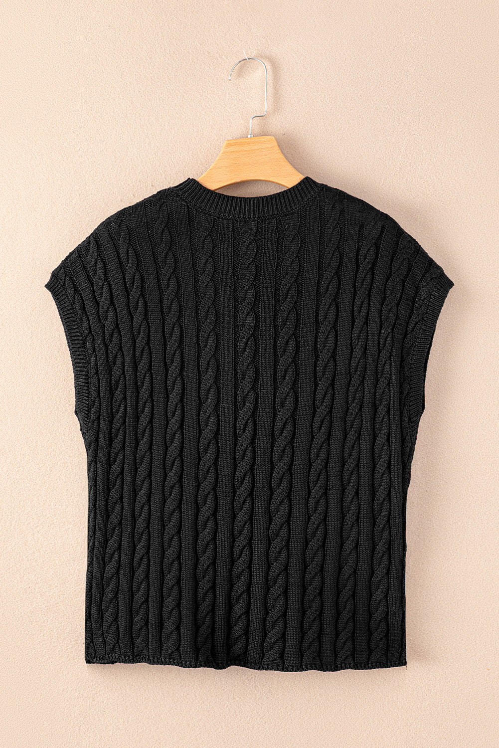 Black Cable Knit Crewneck Short Sleeve Sweater