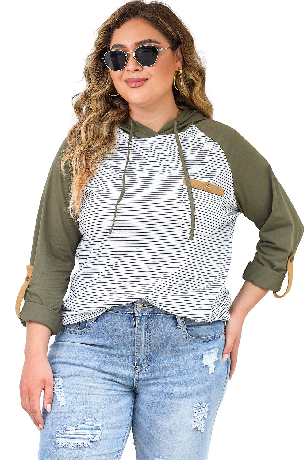 Green Striped Raglan Sleeve Pocket Plus Size Hoodie