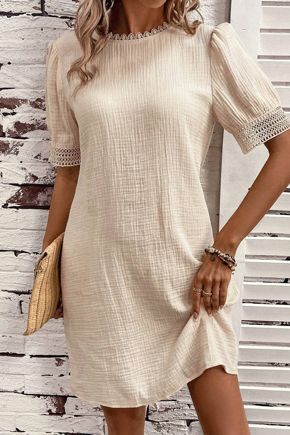 Beige Crinkled Lace Trim Splicing Puff Sleeve Mini Dress