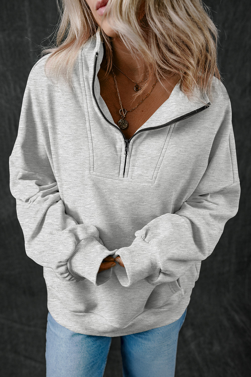 Black Zip-up Stand Neck Kangaroo Pocket Sweatshirt