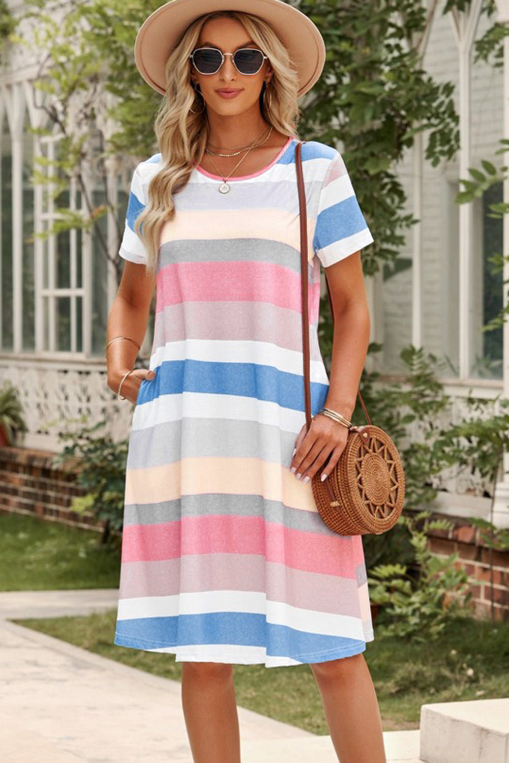 Multicolor Striped Casual Pocket Color Block T Shirt Dress