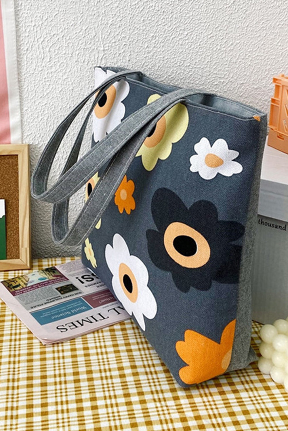 Dark Grey Flower Canvas Tote Bag