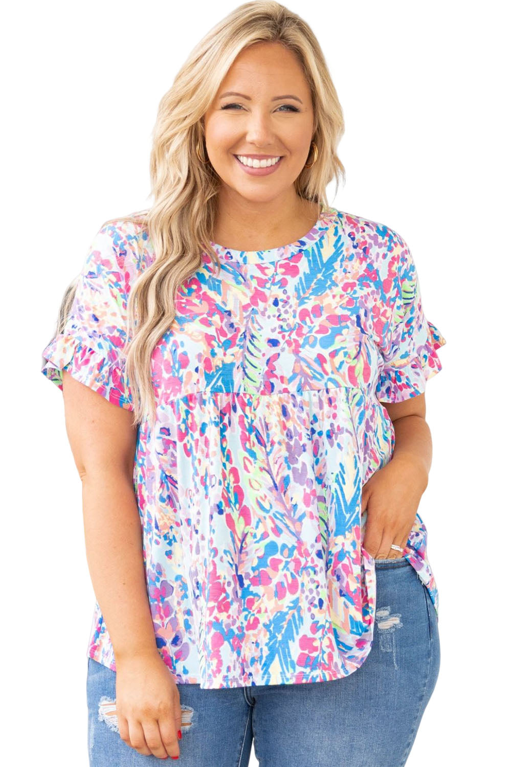 Purple Vibrant Abstract Print Frill Short Sleeve Plus Size Top