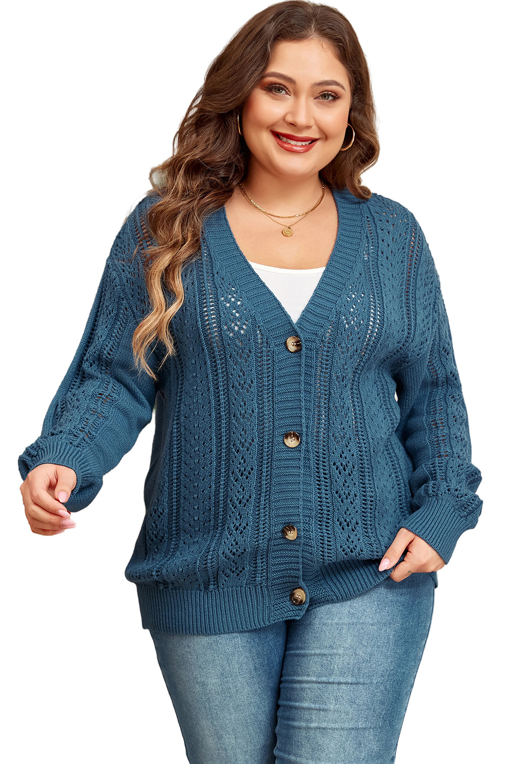 Real Teal Hollow Knit V Neck Button Front Plus Size Cardigan