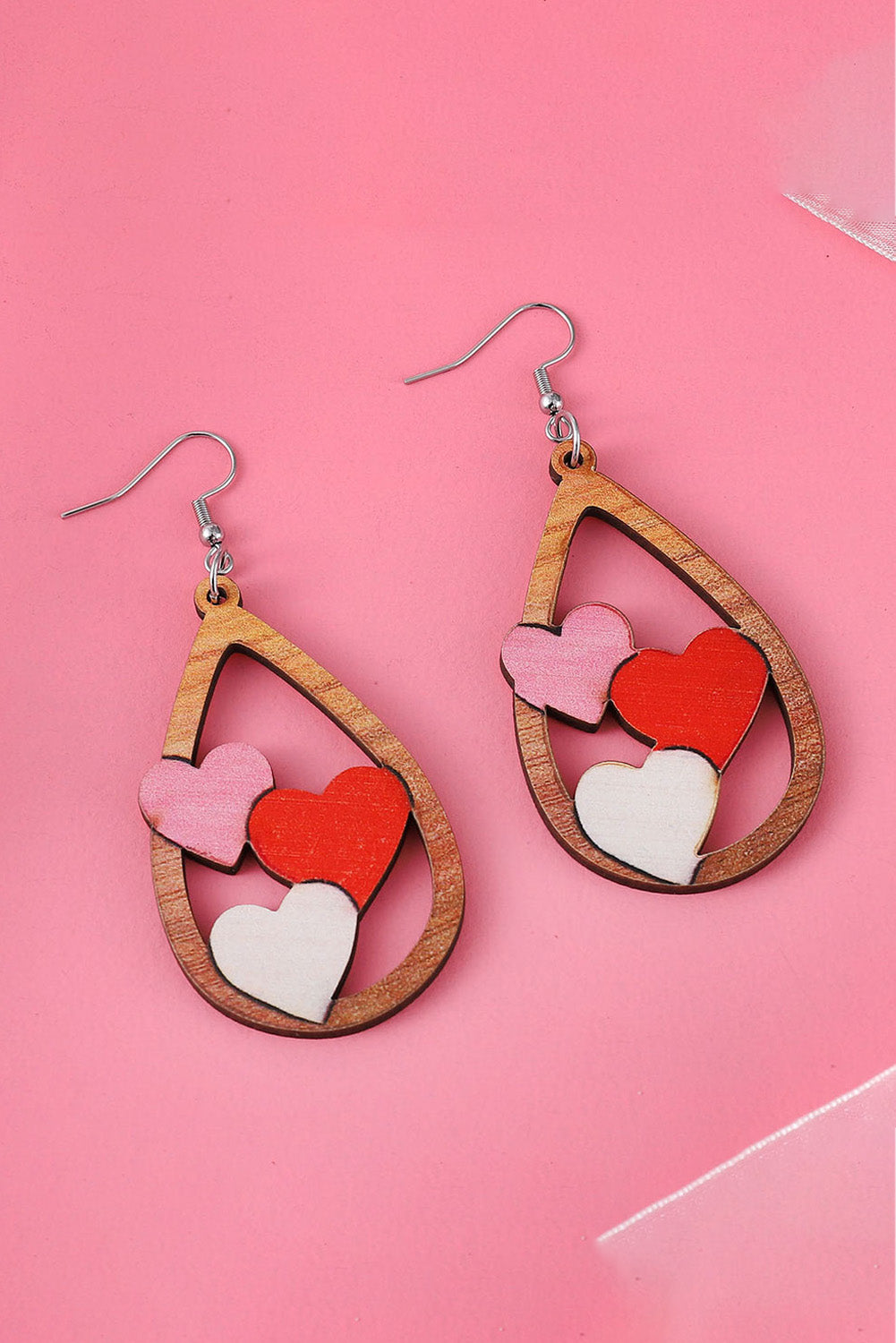 Red Valentines 3 Hearts Insert Water Drop Earrings