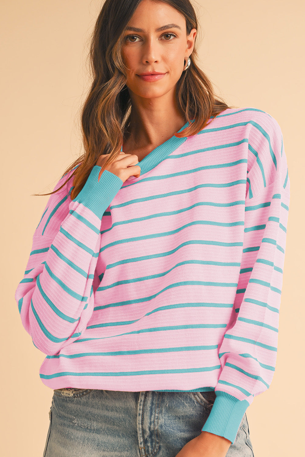 Sky Blue Stripe Round Neck Drop Shoulder Loose Sweater