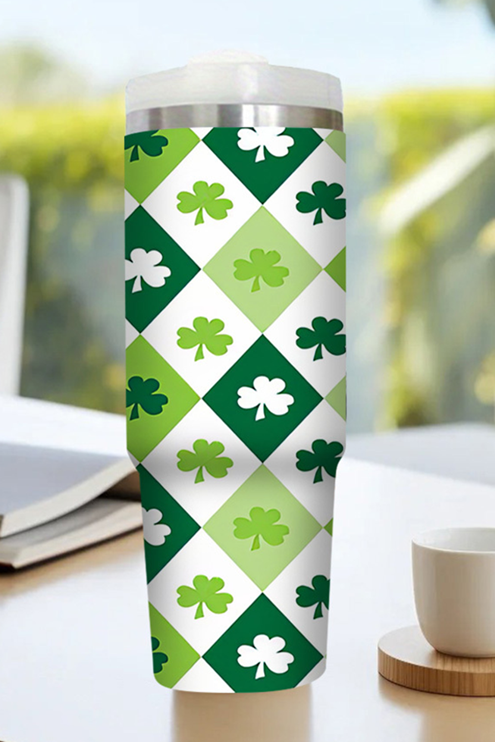 Green St Patricks Day Checkered Clover Tumbler Cup