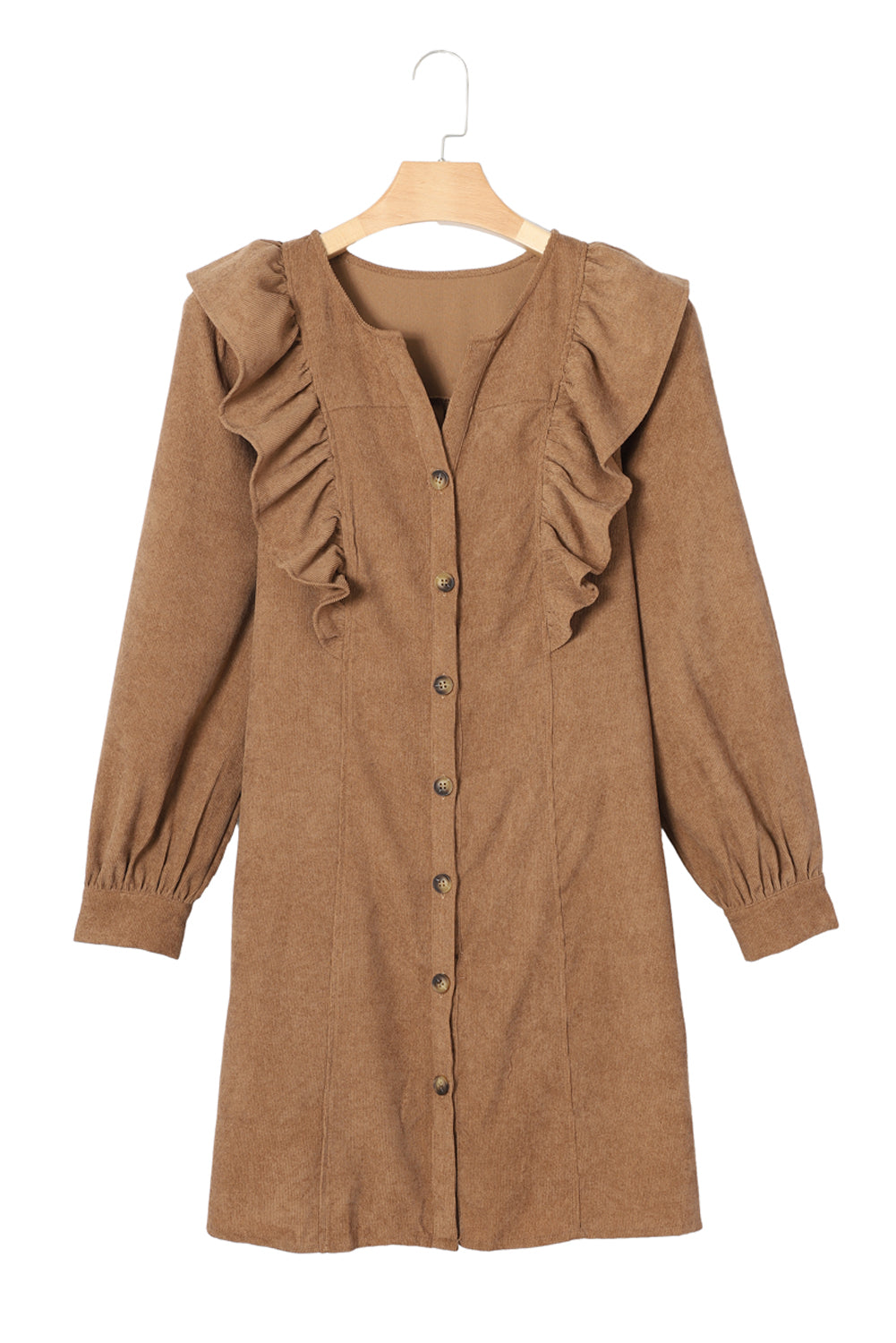 Camel Ruffle Trim Puff Sleeve Ribbed Shirt Dress