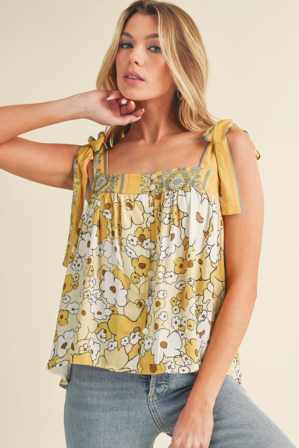 Yellow Floral Patchwork Boho Knot Straps Top