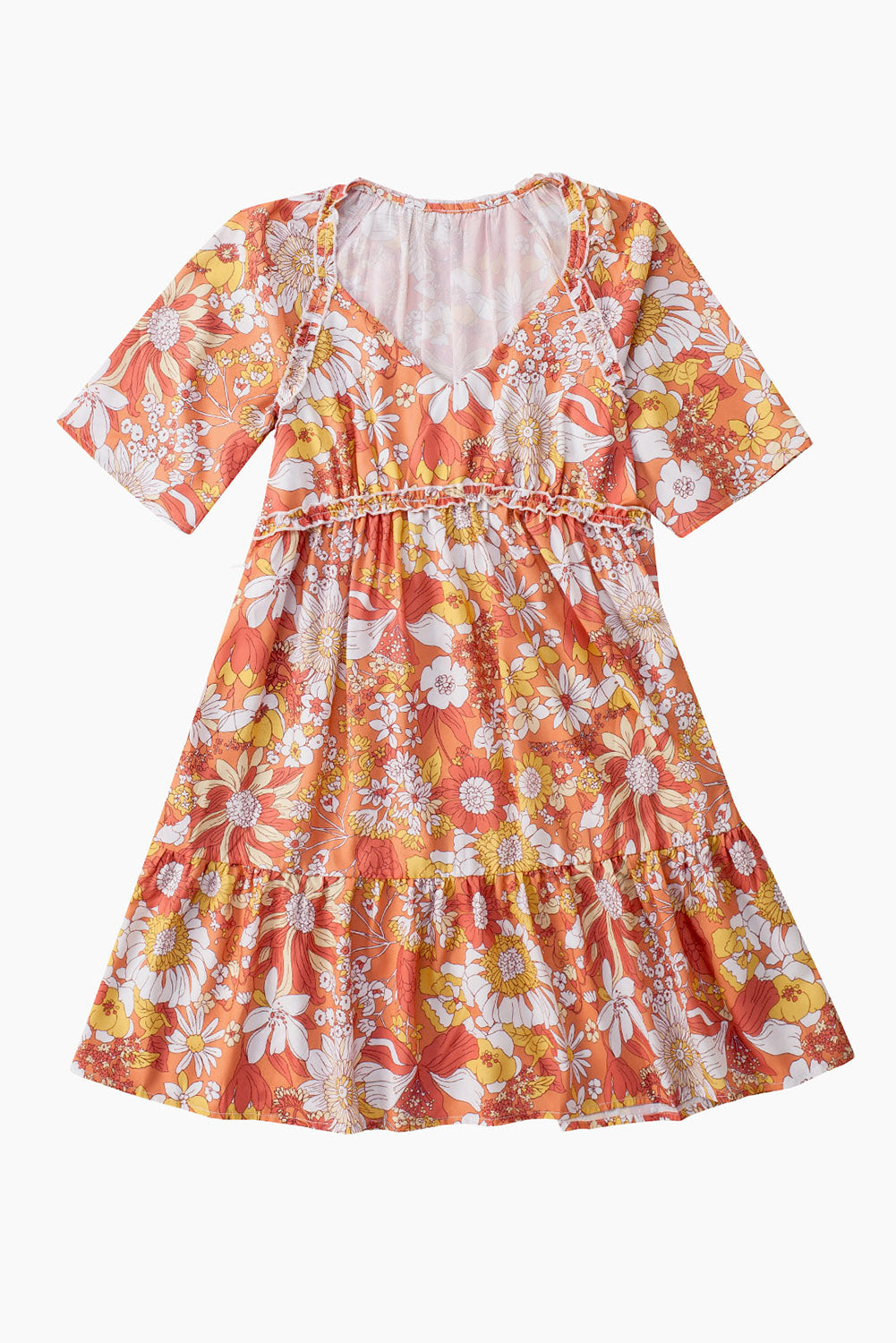 Orange Wide Flutter Sleeve V Neck Floral Dress