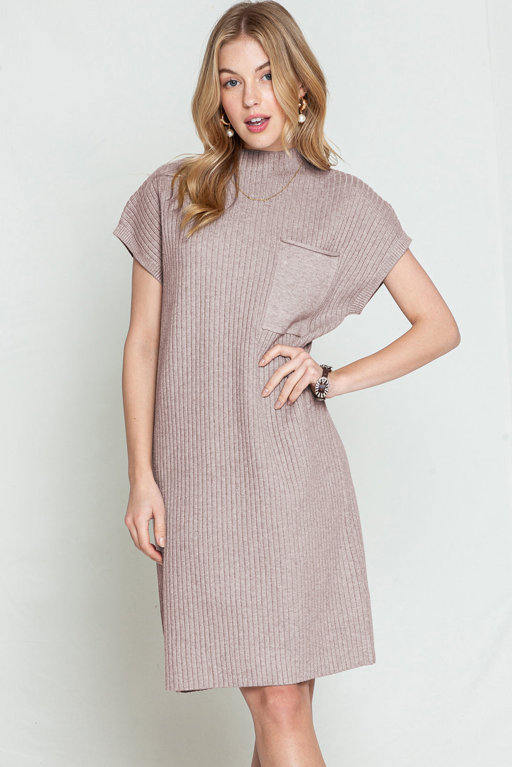 Oatmeal Patch Pocket Ribbed Knit Short Sleeve Sweater Dress