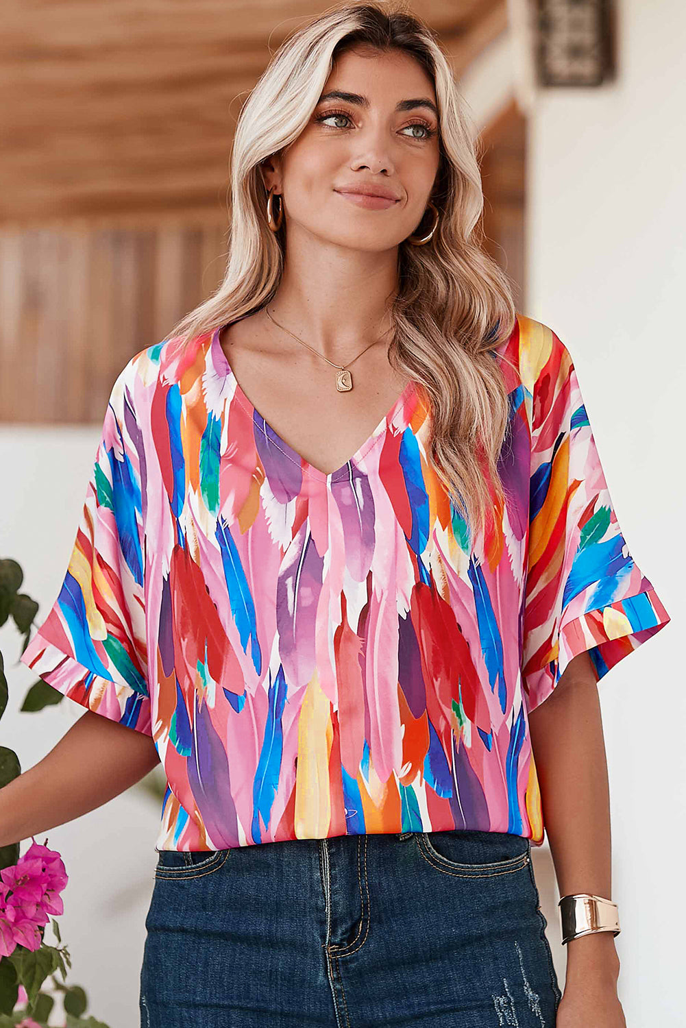 Multicolor Watercolor Abstract Print V Neck Blouse