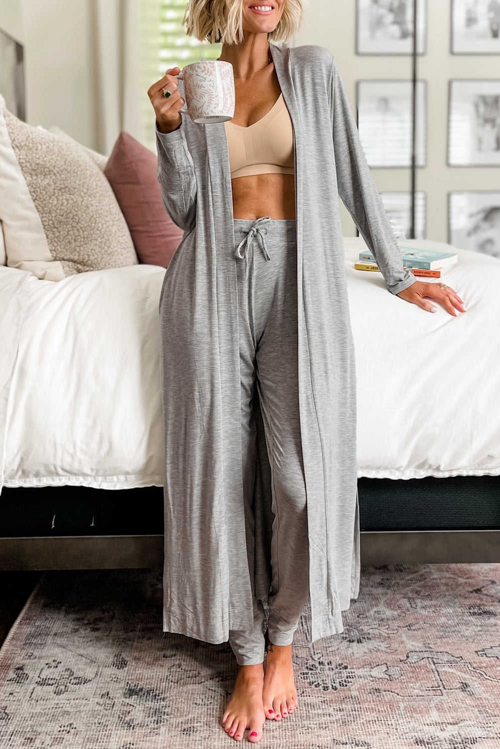 Light Grey Split Long Cardigan and Skinny Pants Loungewear Set