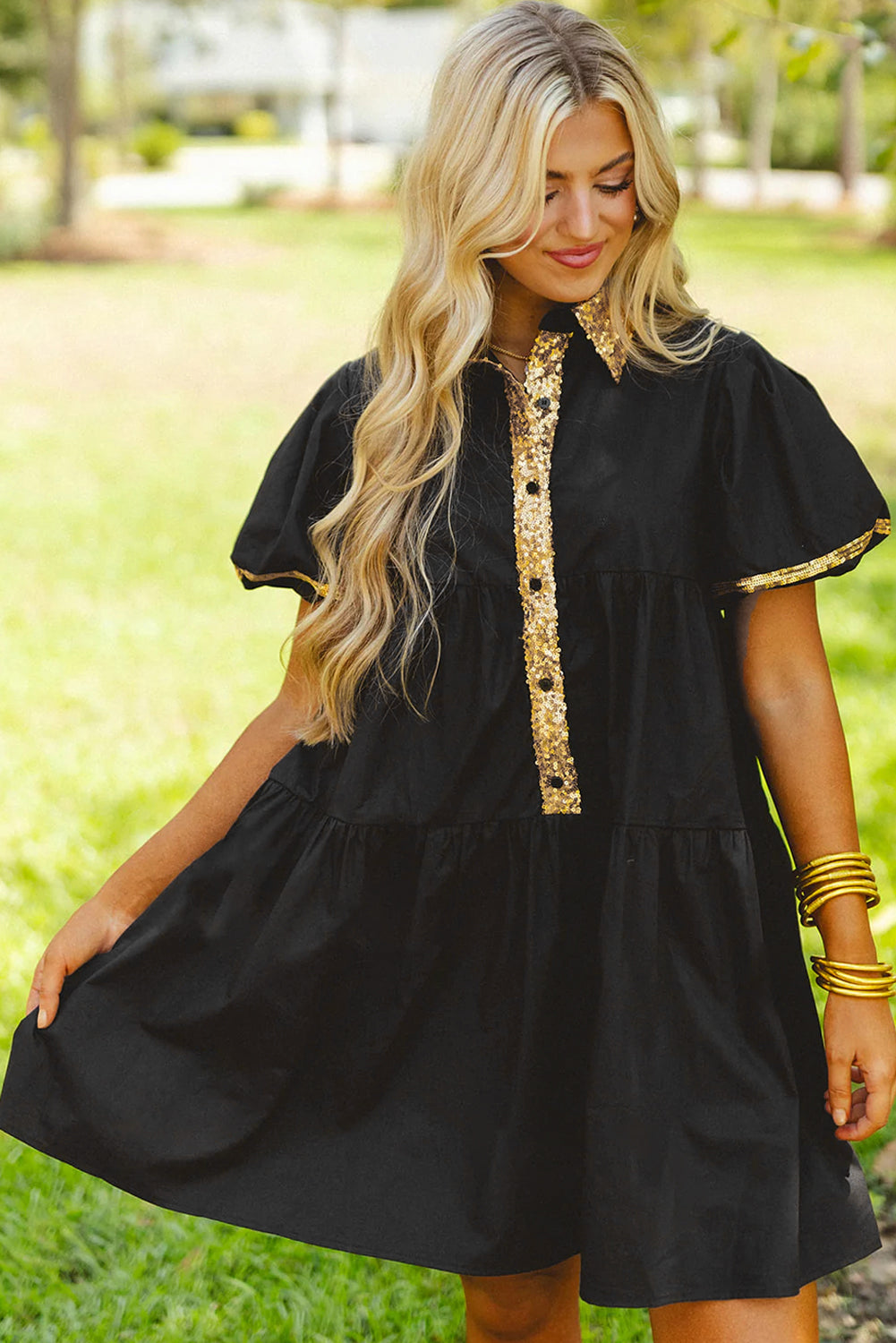 Black Sequin Trim Bubble Sleeve Tiered Mini Dress