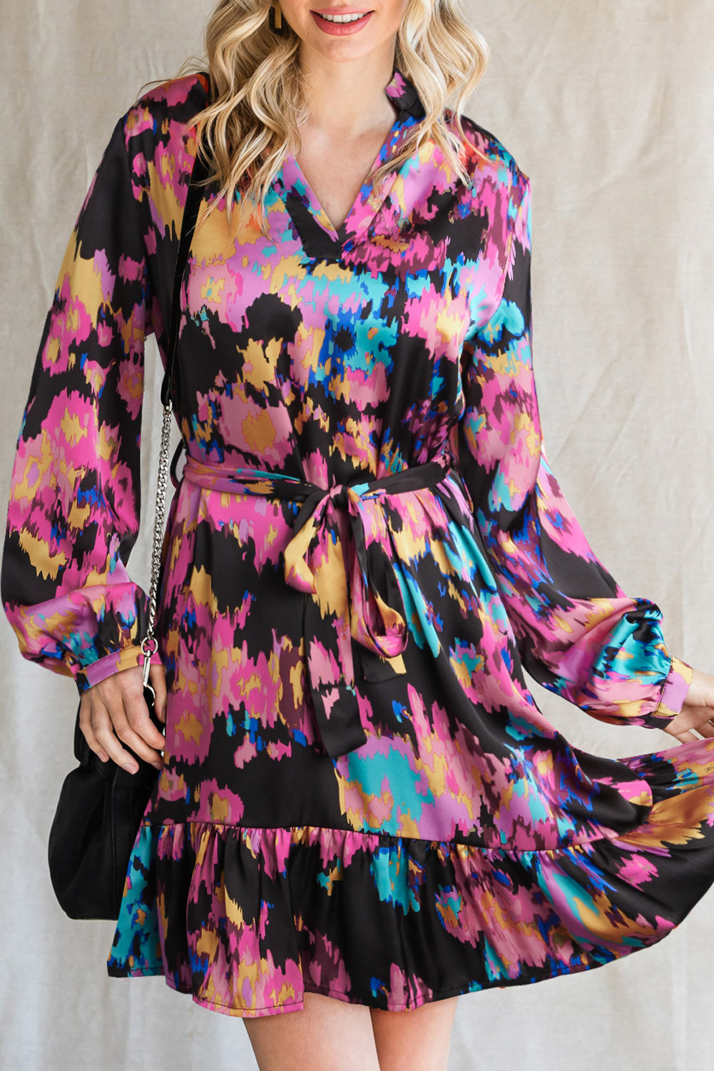 Abstract Print Waist Belted Flounce Hem Split V Neck Long Sleeve Dress